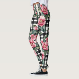 Zwart-wit geplakt met bladerige roze camelia's leggings