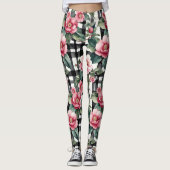 Zwart-wit geplakt met bladerige roze camelia's leggings (Voorkant)