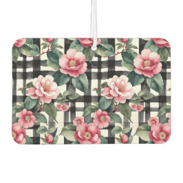 Zwart-wit geplakt met bladerige roze camelia's luchtverfrisser