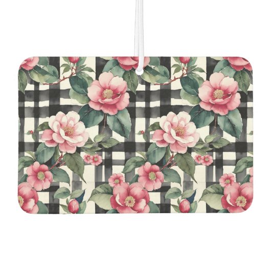 Zwart-wit geplakt met bladerige roze camelia's luchtverfrisser (Voorkant)