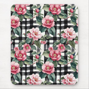 Zwart-wit geplakt met bladerige roze camelia's muismat