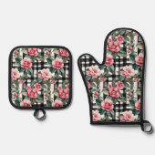 Zwart-wit geplakt met bladerige roze camelia's ovenwant & pannenlap set (Voorkant)