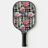 Zwart-wit geplakt met bladerige roze camelia's pickleball paddle (Voorkant)