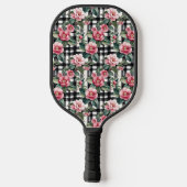 Zwart-wit geplakt met bladerige roze camelia's pickleball paddle (Achterkant)