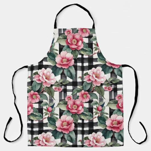 Zwart-wit geplakt met bladerige roze camelia's schort (Voorkant)