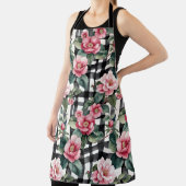 Zwart-wit geplakt met bladerige roze camelia's schort (Insitu)