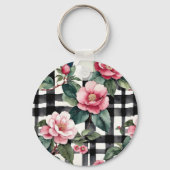 Zwart-wit geplakt met bladerige roze camelia's sleutelhanger (Voorkant)