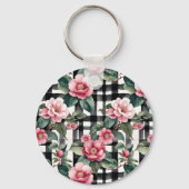 Zwart-wit geplakt met bladerige roze camelia's sleutelhanger (Achterkant)