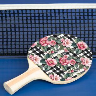 Zwart-wit geplakt met bladerige roze camelia's tafeltennisbatje