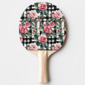 Zwart-wit geplakt met bladerige roze camelia's tafeltennisbatje (Voorkant)