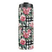 Zwart-wit geplakt met bladerige roze camelia's thermosbeker (Voorkant)