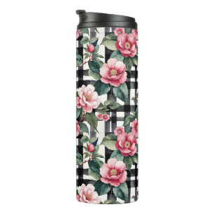 Zwart-wit geplakt met bladerige roze camelia's thermosbeker