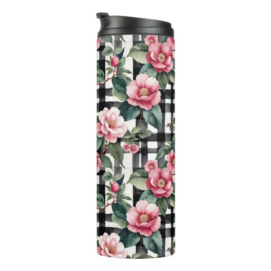 Zwart-wit geplakt met bladerige roze camelia's thermosbeker (Geroteerd rechts)