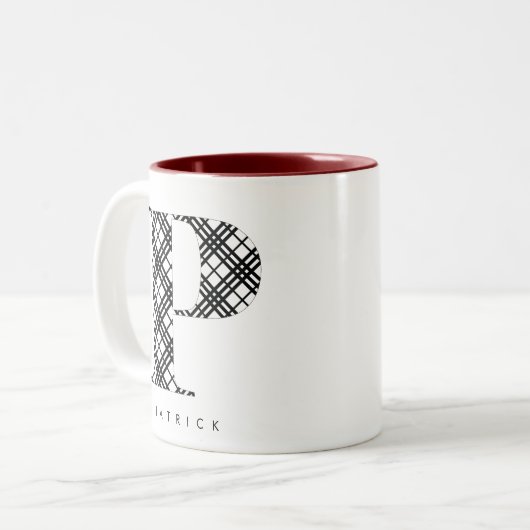 Zwart-wit geplakt papier P Tweekleurige Koffiemok (Voorkant links)