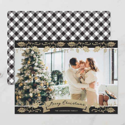 Zwart-wit geplakte botanische foto kerst feestdagenkaart (Voorkant / Achterkant)