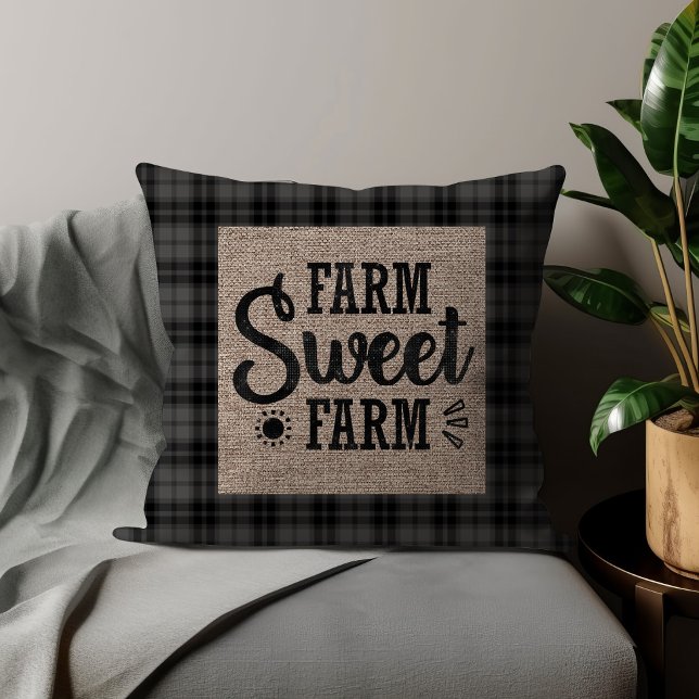 Zwart Wit Geruit Boerderij Zoete Boerderij Jute Kussen (Black checkered and burlap "Farm sweet farm" decorator pillow)