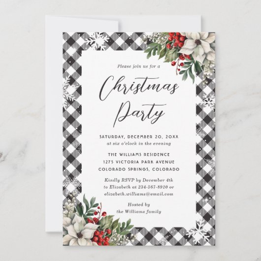 Zwart-wit geruit botanisch kerstfeest kaart (Voorkant)