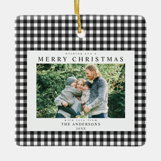 Zwart-wit geruit Kerstmis 2 foto Keramisch Ornament (Voorkant)