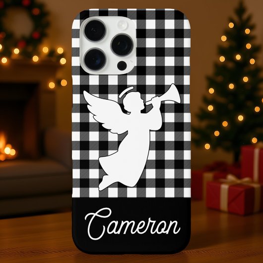 Zwart & wit geruit met engel en eigen naam Case-Mate iPhone case