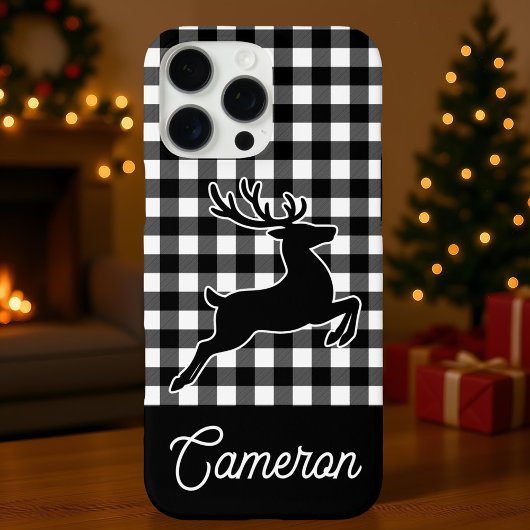 Zwart-wit geruit met rendier en eigen naam Case-Mate iPhone case