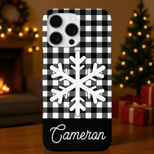 Zwart-wit geruit met sneeuwvlokken en eigen naam iPhone 16 pro max hoesje