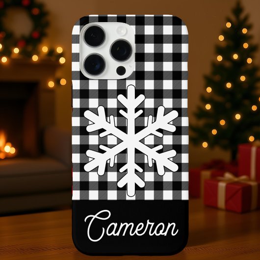 Zwart-wit geruit met sneeuwvlokken en eigen naam Case-Mate iPhone case