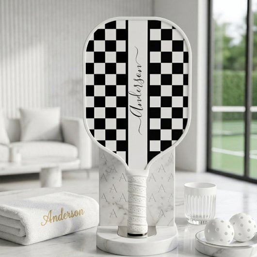 Zwart + Wit Geruit Monogram Patroon Pickleball Paddle
