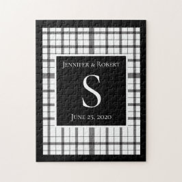 Zwart & Wit Geruit Monogram Trouwen Legpuzzel