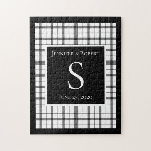 Zwart & Wit Geruit Monogram Trouwen Legpuzzel (Verticaal)