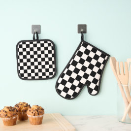 Zwart-wit geruit motief ovenwant & pannenlap set
