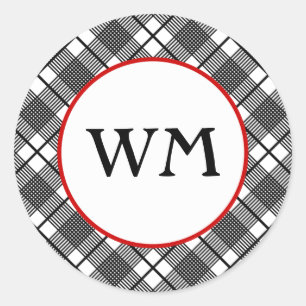 Zwart-wit geruit patroon bewerkbaar monogram ronde sticker