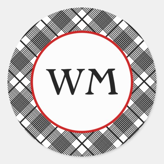 Zwart-wit geruit patroon bewerkbaar monogram ronde sticker (Voorkant)