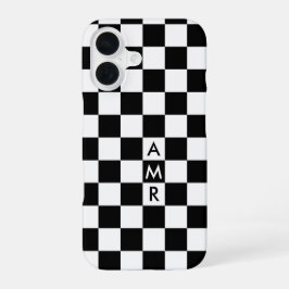 Zwart Wit Geruit Patroon met Monogram iPhone 16 Hoesje