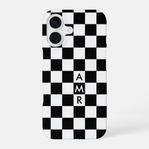 Zwart Wit Geruit Patroon met Monogram iPhone 16 Hoesje