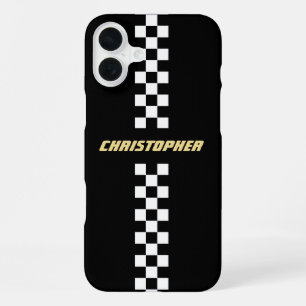 Zwart Wit Geruit Race Vlag Goud Monogram iPhone 16 Plus Hoesje