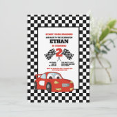 Zwart Wit Geruit Rode Raceauto 2e Verjaardagsfeest Kaart (Staand voorkant)