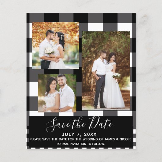 Zwart-wit geruit trouwfoto save the date (Voorkant)