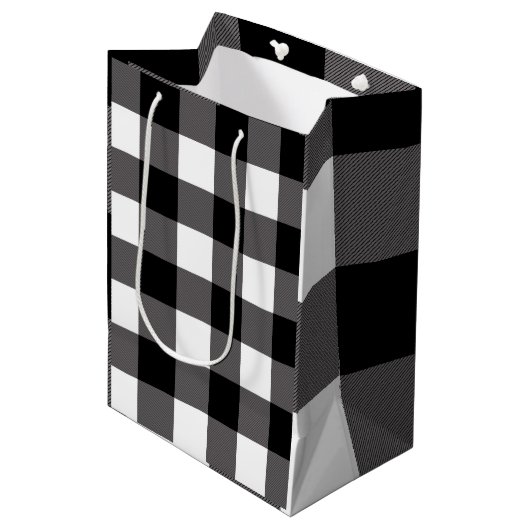 Zwart & Wit geruit vierkant Buffalo Plaid Medium Cadeauzakje (Voorkant Gekanteld)