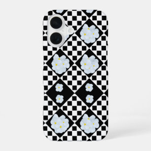 Zwart-wit geruit viooltjespatroon iPhone 16 hoesje