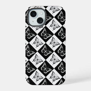 Zwart-wit geruit vlindermotief iPhone 15 case