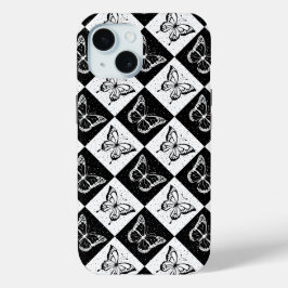 Zwart wit geruit vlinderontwerp iPhone 15 case