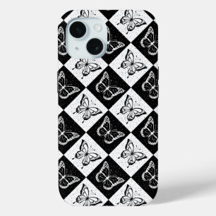 Zwart wit geruit vlinderontwerp iPhone 15 case