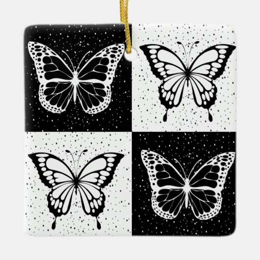Zwart wit geruit vlinderontwerp keramisch ornament (Voorkant)