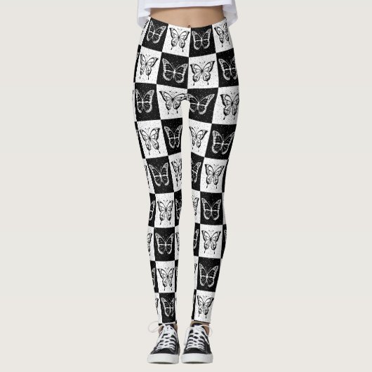 Zwart wit geruit vlinderontwerp leggings (Voorkant)