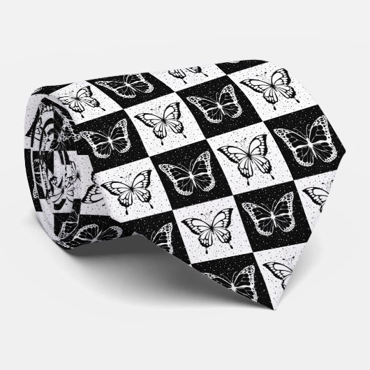 Zwart wit geruit vlinderontwerp stropdas (Opgerold)