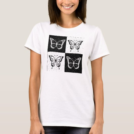 Zwart wit geruit vlinderontwerp t-shirt (Voorkant)