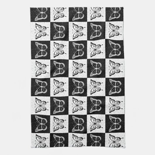 Zwart wit geruit vlinderontwerp theedoek (Verticaal)