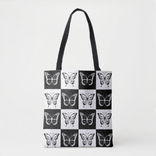 Zwart wit geruit vlinderontwerp tote bag