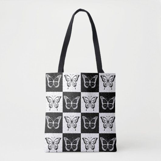 Zwart wit geruit vlinderontwerp tote bag (Voorkant)