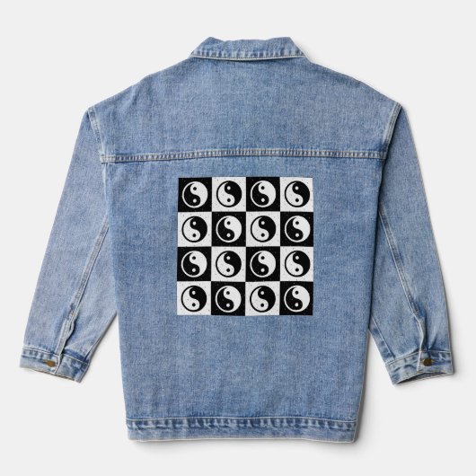 Zwart Wit geruit Yin-yang Zen Blok Print Denim Jacket (Achterkant)